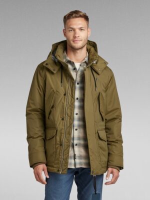 G-STAR RAW - VESTE VODAN PADDED HOODED VERT FONCE POUR HOMMES  ,Cette doudoune ultra longue est dotée d’une grande capuche avec un col montant et une visière allongée.